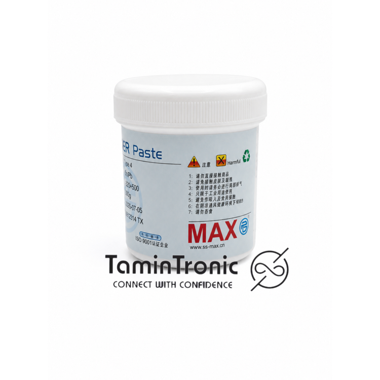 خمیر قلع MAX M-155R نیم کیلویی Type 4 مناسب مونتاژ و تعمیر بردهای SMD و PCB